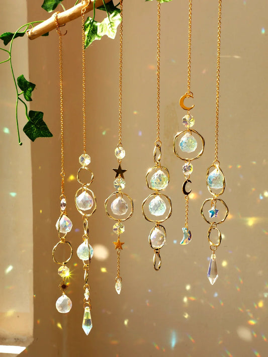 Boho Crystal Sun Catcher with Gold Chain – Handmade Hanging Ornament for Window, Wall & Garden Decor